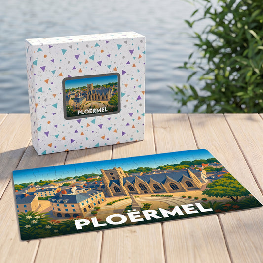Puzzle souvenir de la ville de Ploërmel avec une illustration stylisée et colorée.