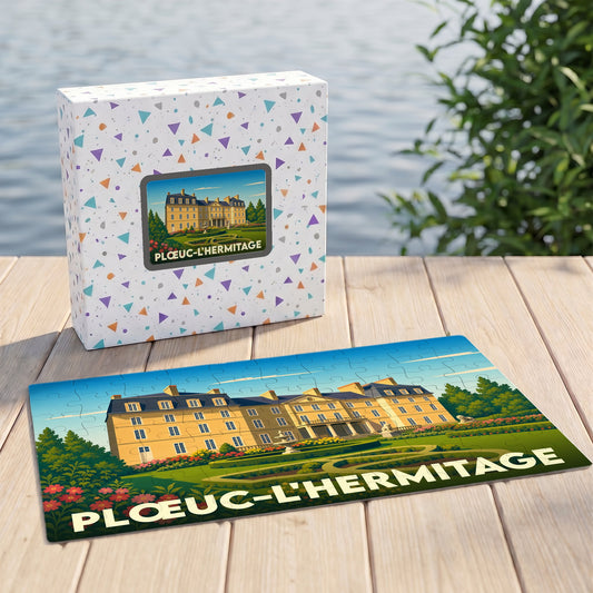 Puzzle souvenir de la ville de Plœuc-L'Hermitage avec une illustration stylisée de son patrimoine.