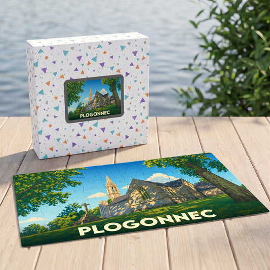 Puzzle souvenir de la ville de Plogonnec avec une illustration stylisée de son église.