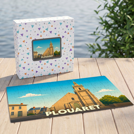 Puzzle souvenir de la ville de Plouaret avec une illustration stylisée de son église.