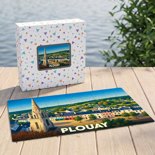 Puzzle souvenir de la ville de Plouay avec une illustration stylisée d'un paysage urbain.