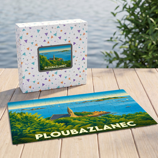 Puzzle souvenir de la ville de Ploubazlanec avec une illustration stylisée de son littoral.