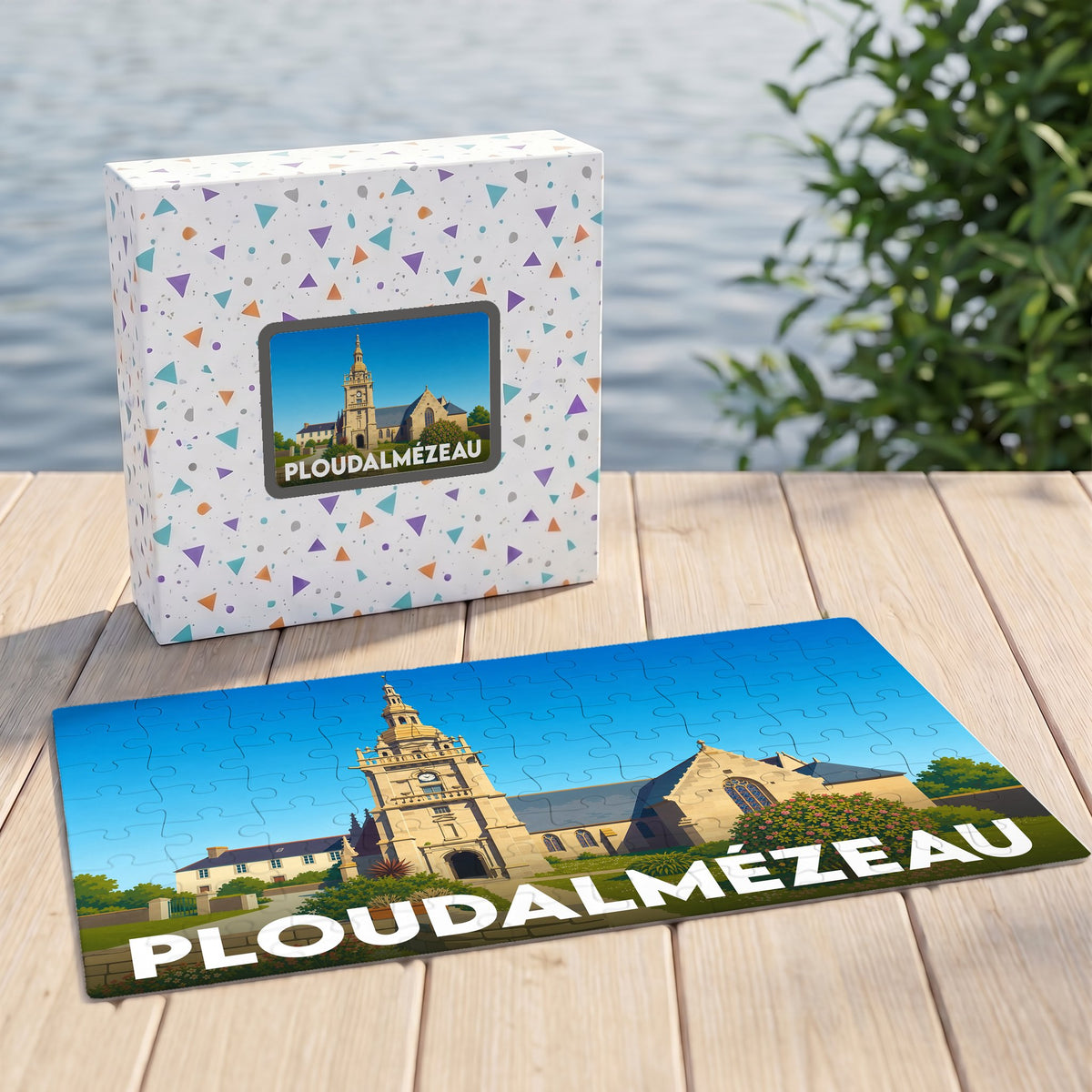 Puzzle souvenir de la ville de Ploudalmézeau présentant une illustration stylisée de son église.