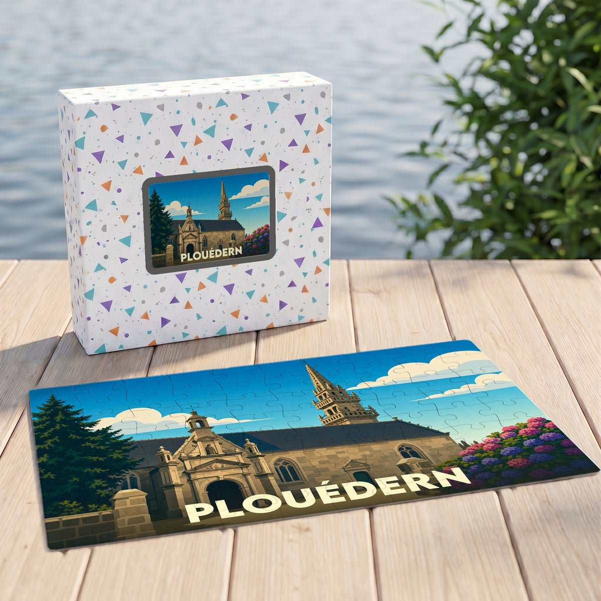 Puzzle souvenir de la ville de Plouédern représentant son église sous forme d'illustration stylisée.