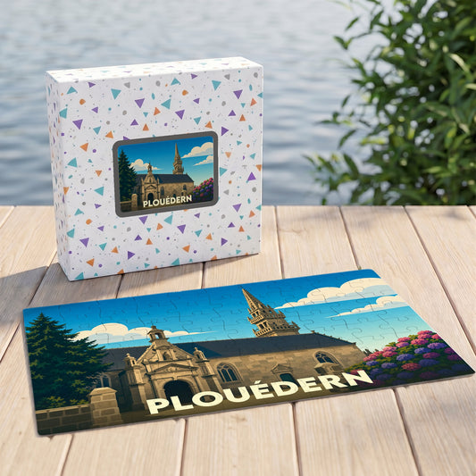Puzzle souvenir de la ville de Plouédern représentant son église sous forme d'illustration stylisée.