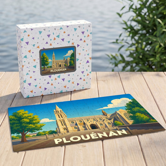 Puzzle souvenir de la ville de Plouénan avec une illustration stylisée de son église.