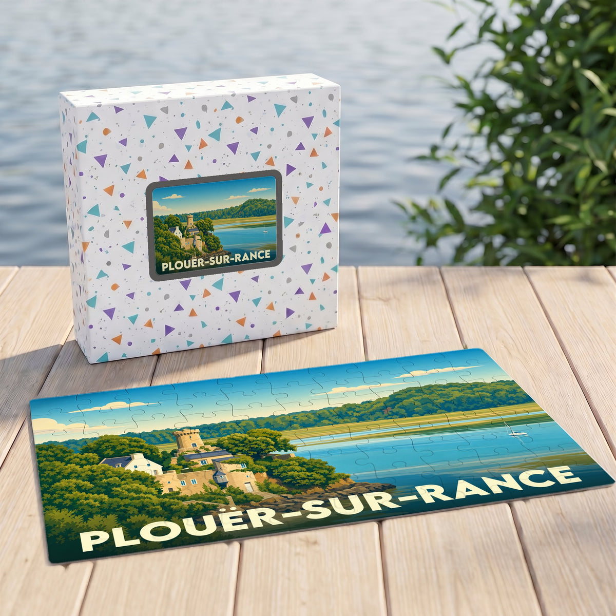 Puzzle souvenir de la ville de Plouër-sur-Rance avec une illustration stylisée de son paysage côtier.