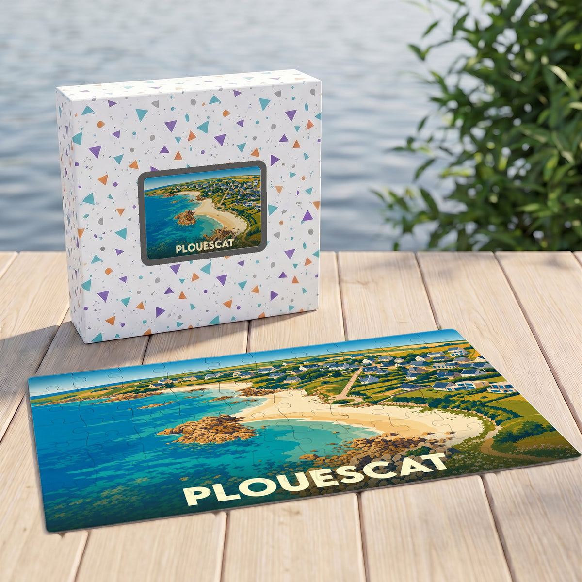 Puzzle souvenir de la ville de Plouescat représentant une vue aérienne illustrée de sa côte et de ses plages.