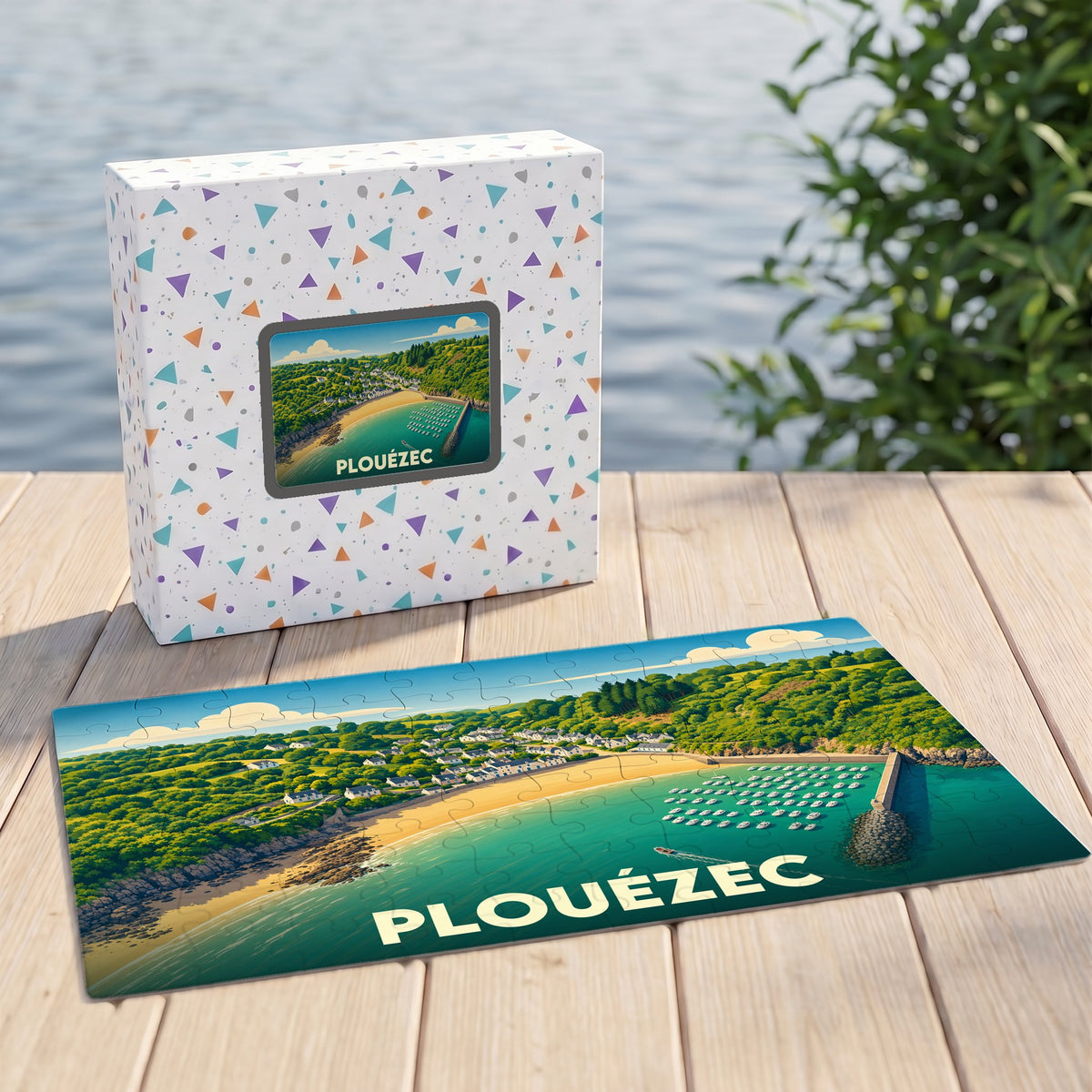 Puzzle souvenir de la ville de Plouézec avec une illustration stylisée d'un port côtier.