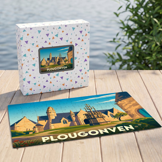 Puzzle souvenir de la ville de Plougonven présentant une illustration stylisée de son patrimoine architectural.