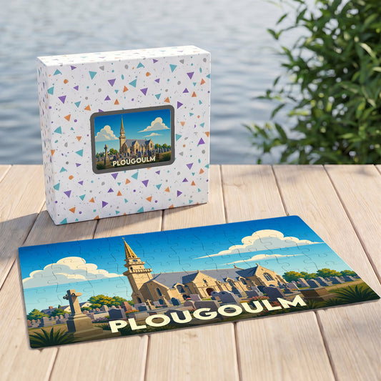 Puzzle souvenir de la ville de Plougoulm avec une illustration stylisée d'une église et de son cimetière.