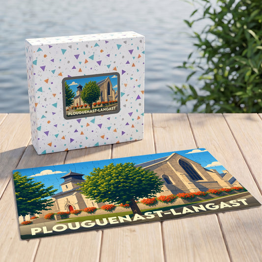 Puzzle souvenir de la ville de Plouguenast-Langast avec une illustration stylisée de son patrimoine.