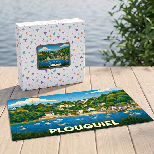 Puzzle souvenir de la ville de Plouguiel avec une illustration stylisée de son paysage côtier.
