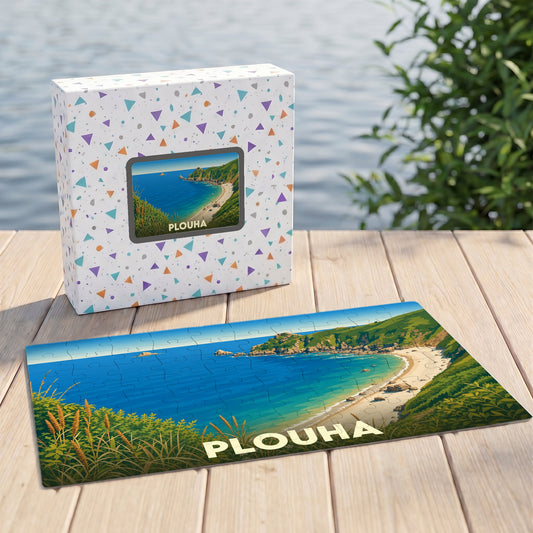 Puzzle souvenir de la ville de Plouha représentant une illustration stylisée de son littoral.