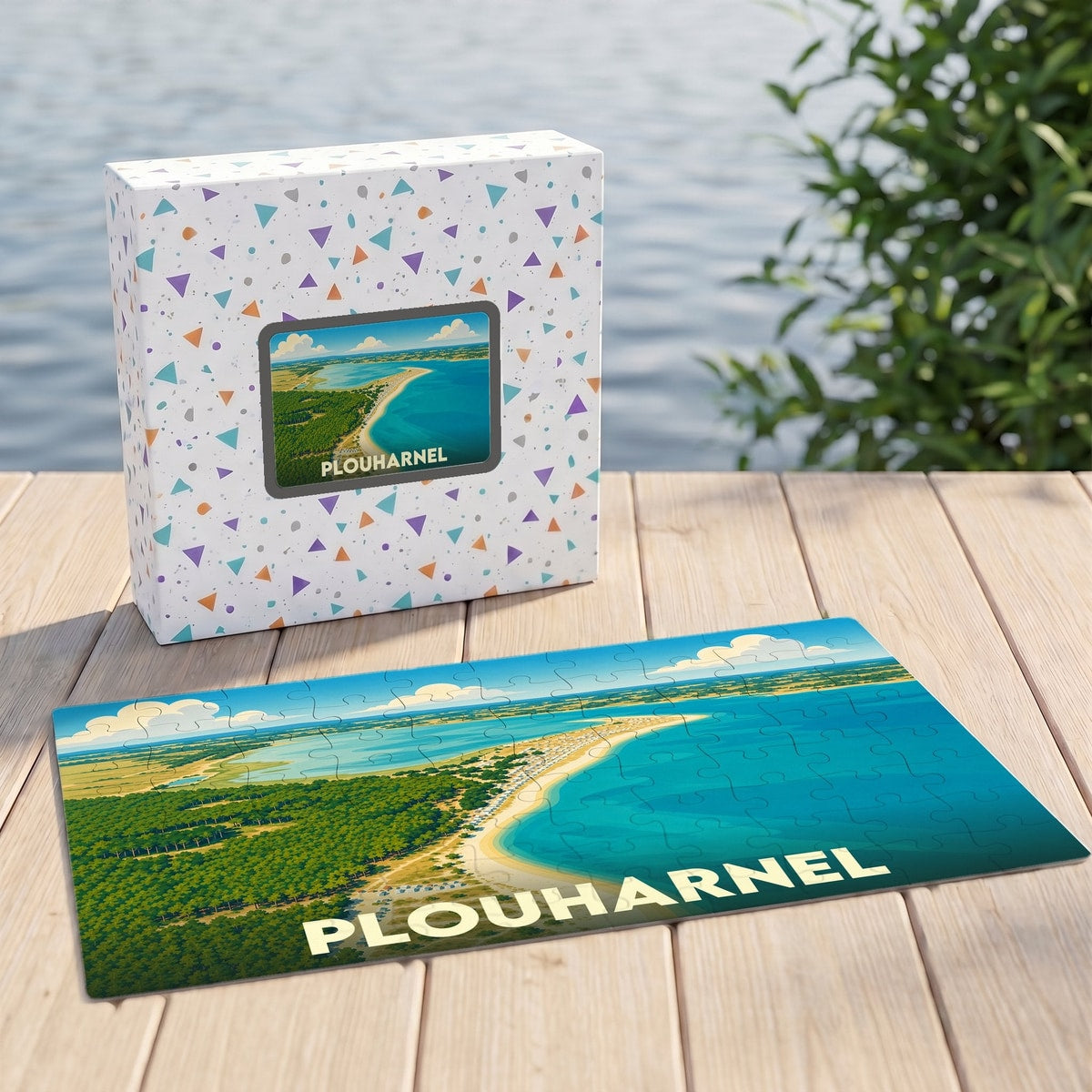 Puzzle souvenir de la ville de Plouharnel avec une illustration stylisée d'un paysage côtier.