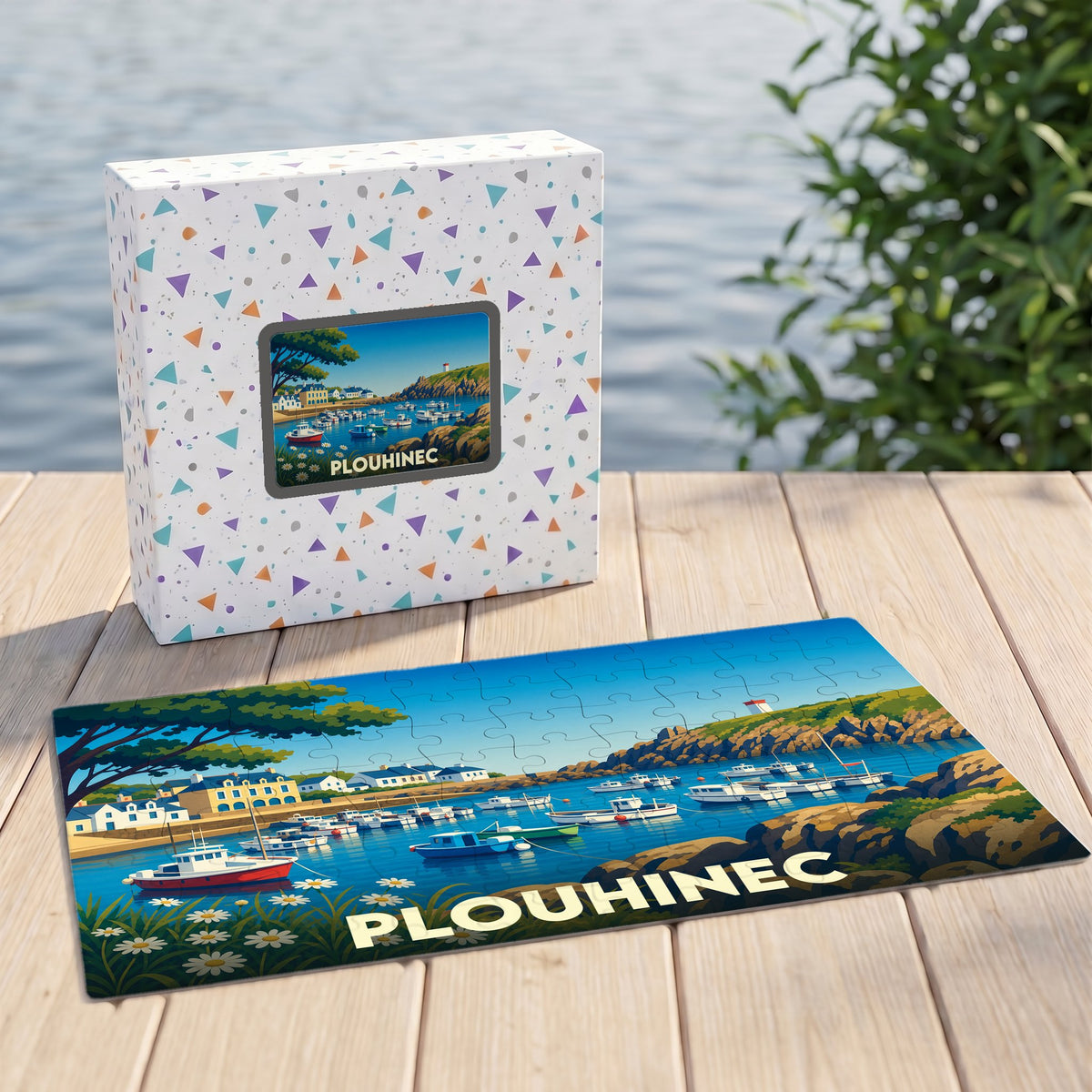 Puzzle souvenir de la ville de Plouhinec avec une illustration stylisée d'un port de plaisance.