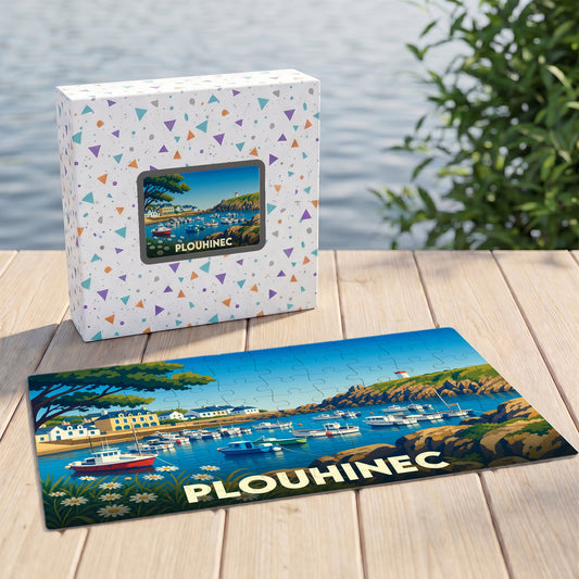 Puzzle souvenir de la ville de Plouhinec avec une illustration stylisée d'un port de plaisance.