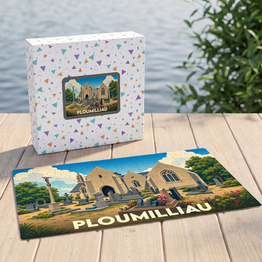 Puzzle souvenir de la ville de Ploumilliau illustré par une vue stylisée de son église et de son cimetière.