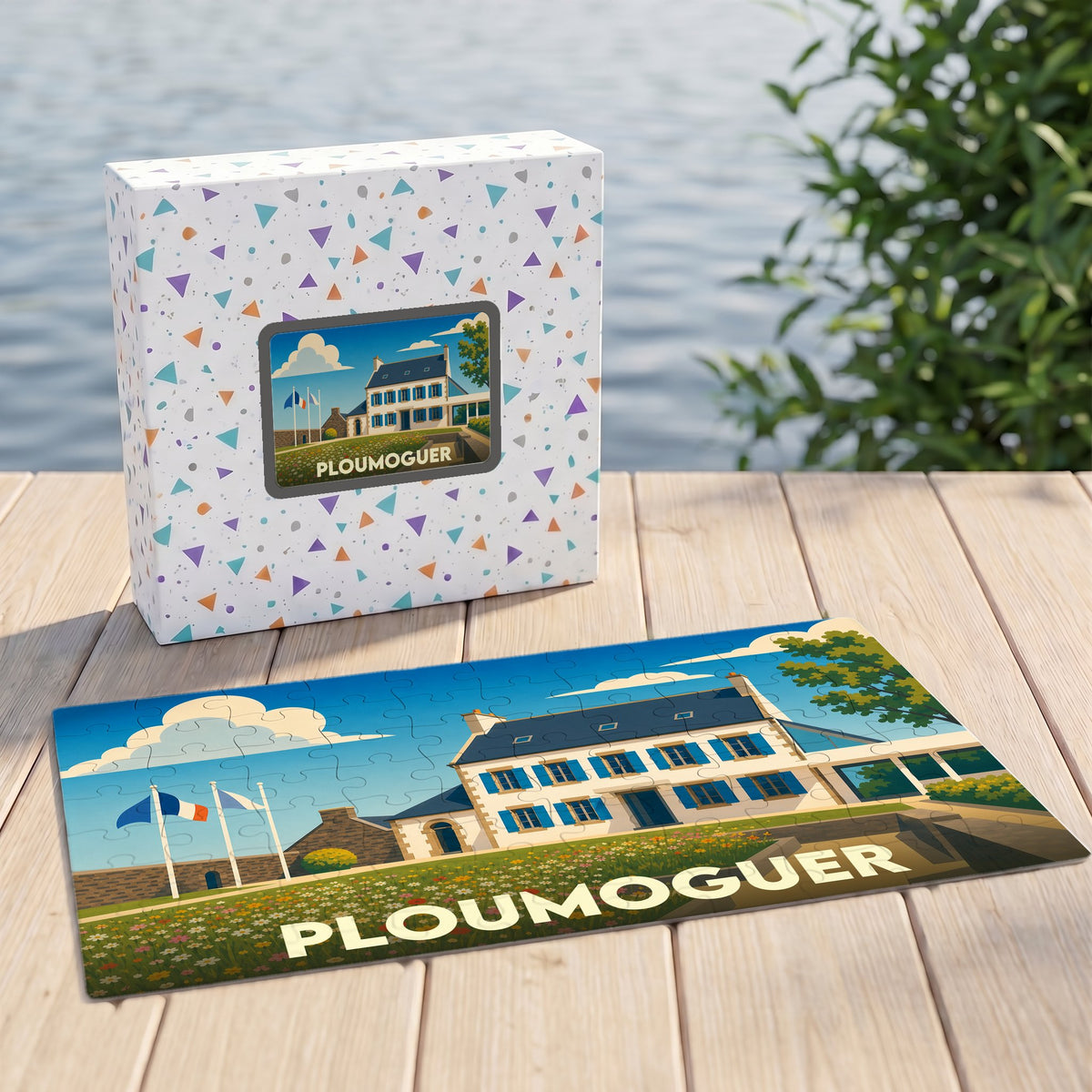 Puzzle souvenir de la ville de Ploumoguer illustrant une maison bretonne traditionnelle devant un champ de fleurs.