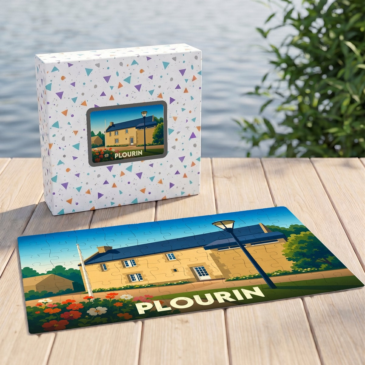 Puzzle souvenir de la ville de Plourin avec une illustration stylisée d'une maison traditionnelle.