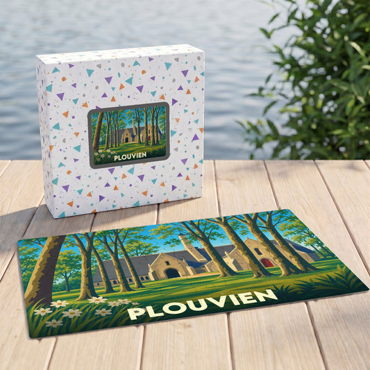 Puzzle souvenir de la ville de Plouvien présentant une illustration stylisée d'un manoir entouré de grands arbres.