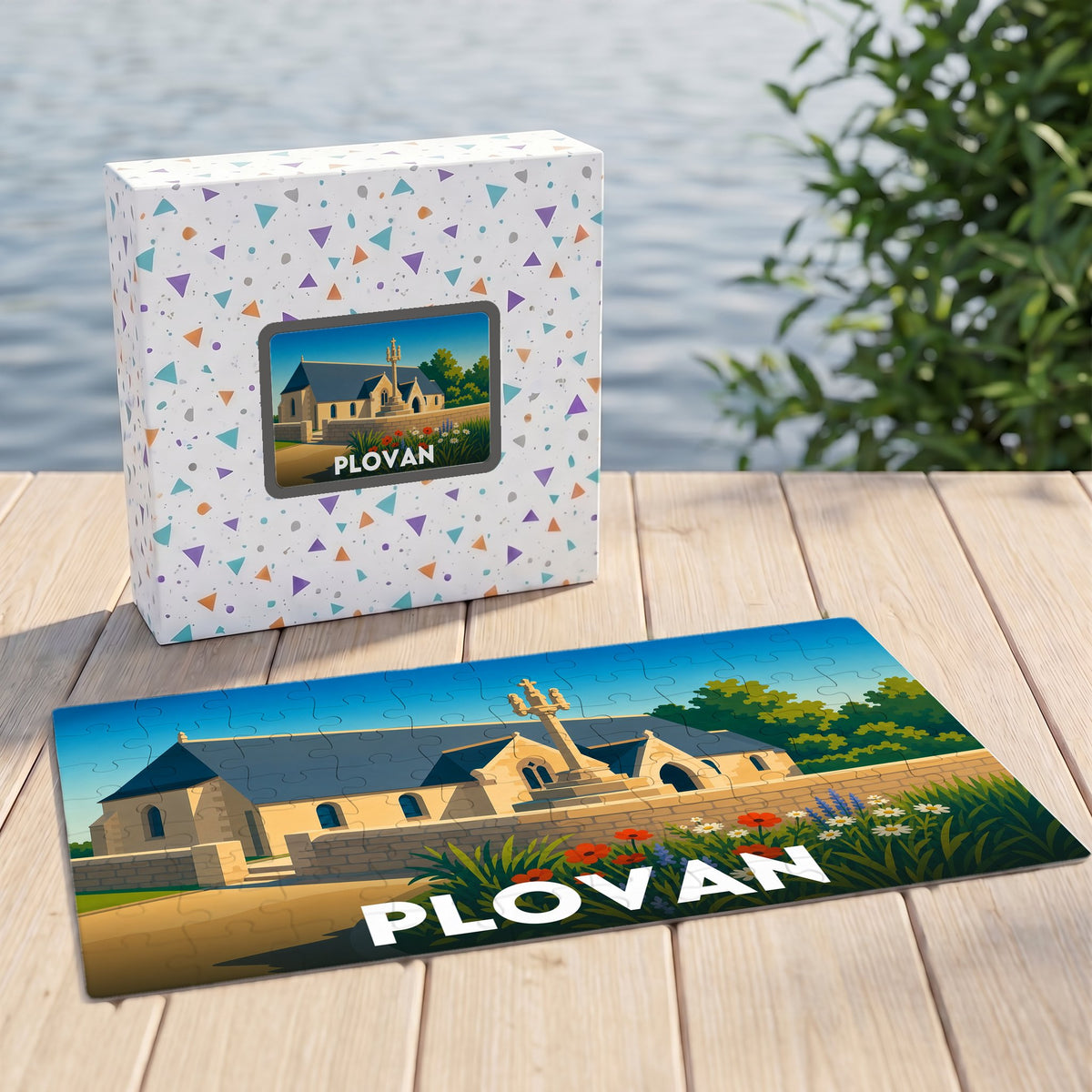 Puzzle souvenir de la ville de Plovan avec une illustration stylisée.