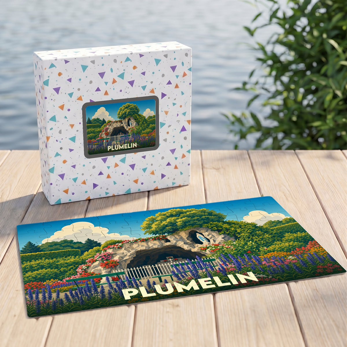 Puzzle souvenir de la ville de Plumelin avec une illustration stylisée d'une grotte fleurie.