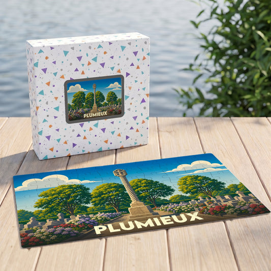 Puzzle souvenir de la ville de Plumieux avec une illustration stylisée d'un monument local.
