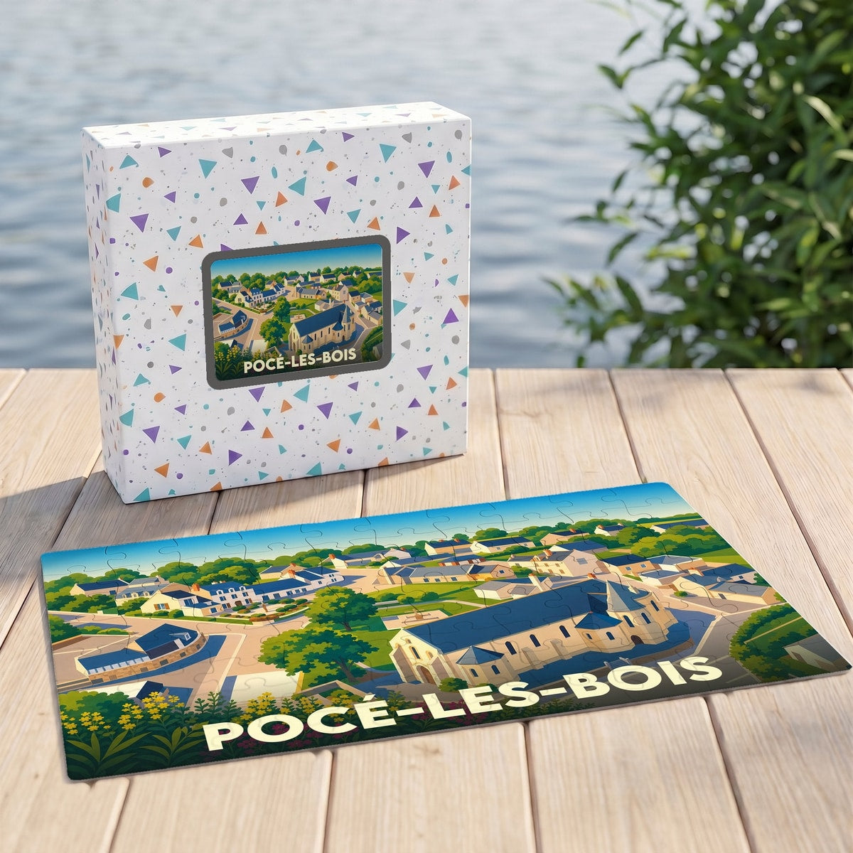 Puzzle souvenir de la ville de Pocé-les-Bois avec une illustration stylisée et colorée de son église et de ses maisons.