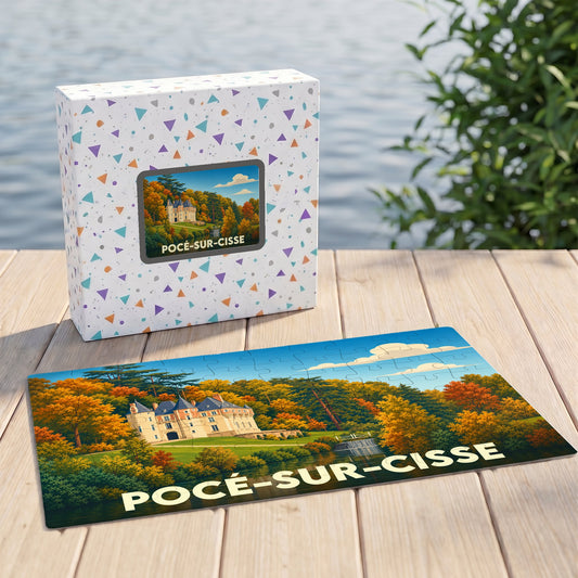 Puzzle souvenir de la ville de Pocé-sur-Cisse avec une illustration stylisée d'un château en automne.