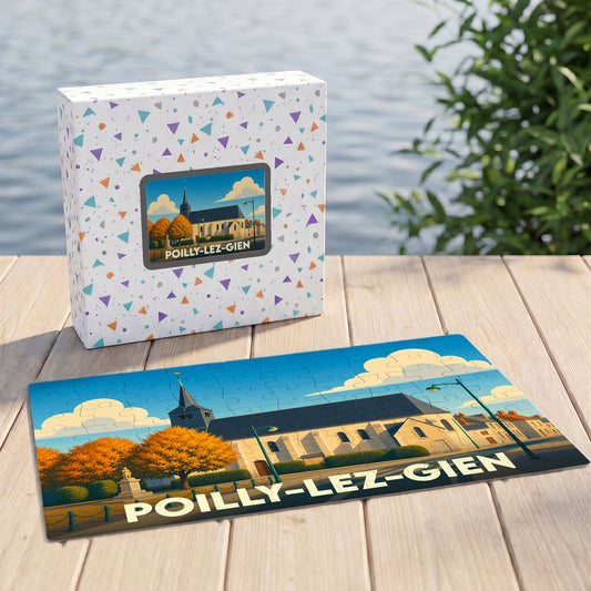 Puzzle souvenir de la ville de Poilly-lez-Gien avec une illustration stylisée d'une église sous un ciel azur.