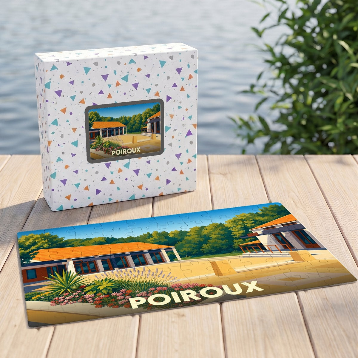 Puzzle souvenir de la ville de Poiroux avec une illustration stylisée de bâtiments locaux.