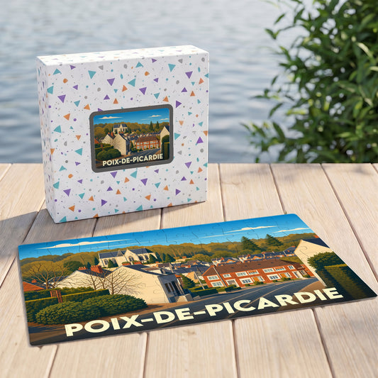 Puzzle souvenir de la ville de Poix-de-Picardie avec une illustration stylisée et colorée.