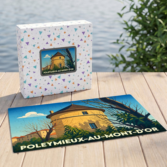 Puzzle souvenir de la ville de Poleymieux-au-Mont-d'Or avec une illustration stylisée de sa tour emblématique.