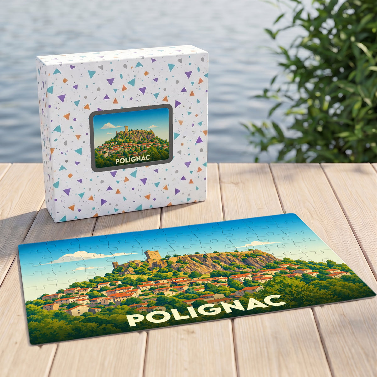 Puzzle souvenir de la ville de Polignac avec une illustration stylisée de sa forteresse et ses maisons.