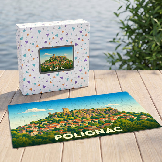 Puzzle souvenir de la ville de Polignac avec une illustration stylisée de sa forteresse et ses maisons.