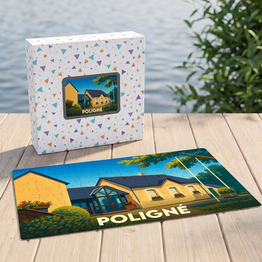 Puzzle souvenir de la ville de Poligné présentant une illustration stylisée d'une maison régionale.