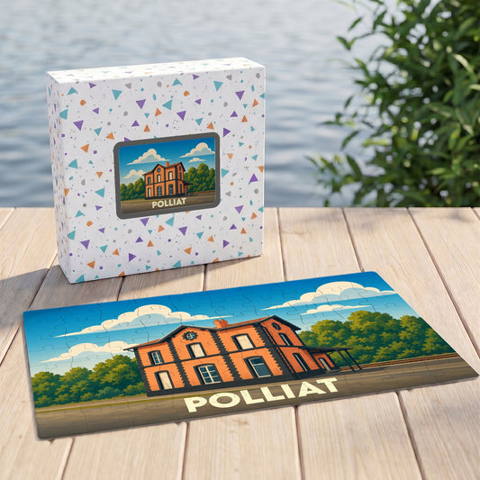 Puzzle souvenir de la ville de Polliat avec une illustration stylisée de son ancienne gare.