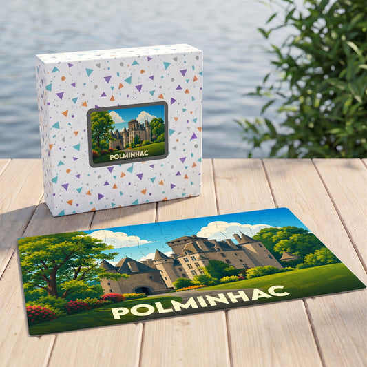 Puzzle souvenir de la ville de Polminhac avec une illustration stylisée de son château.