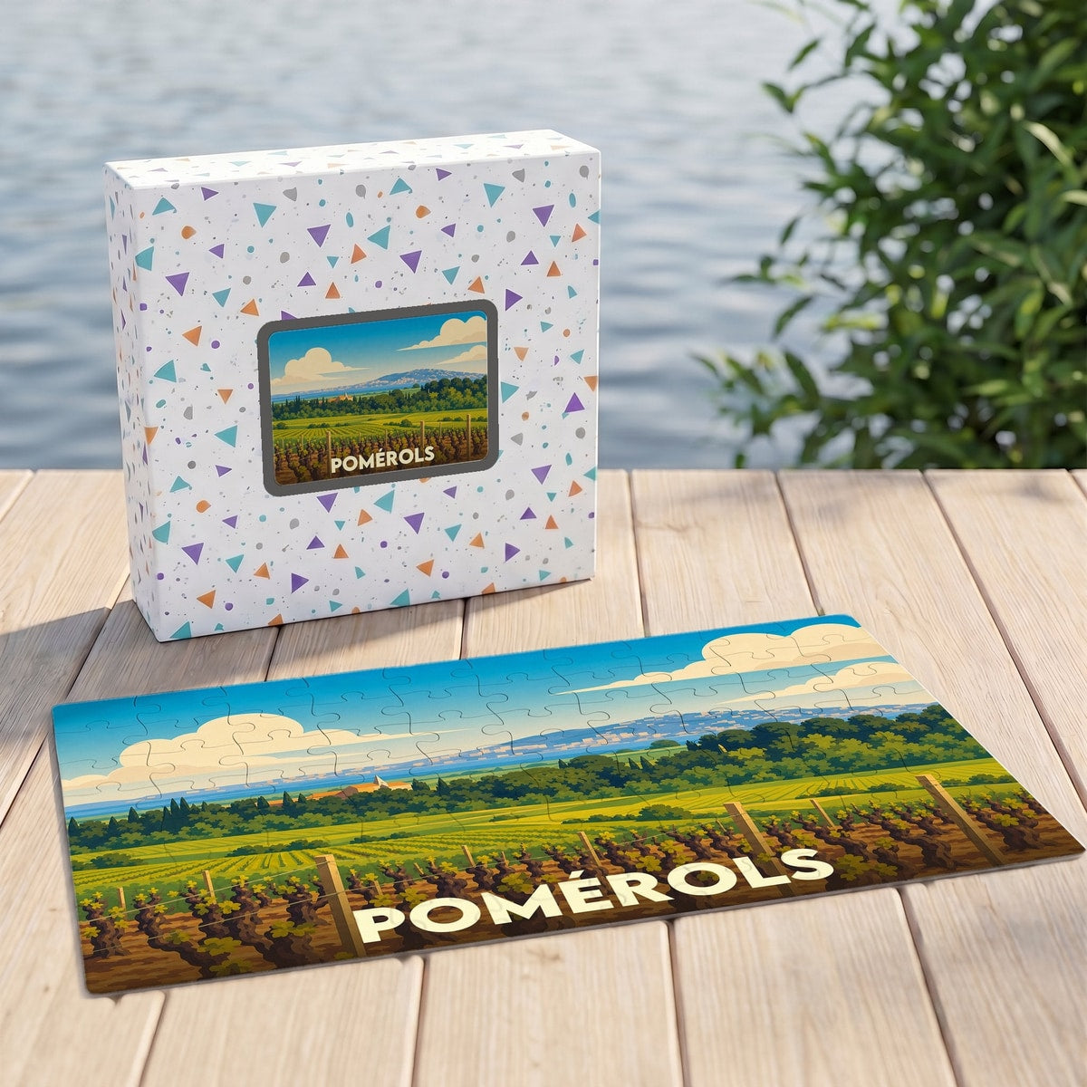 Puzzle souvenir de la ville de Pomérols représentant un paysage de vignes avec une illustration stylisée.
