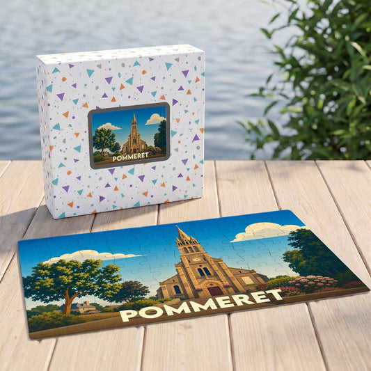 Puzzle souvenir de la ville de Pommeret avec une illustration stylisée de son église.