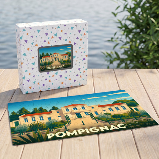 Puzzle souvenir de la ville de Pompignac avec une illustration stylisée de son architecture.