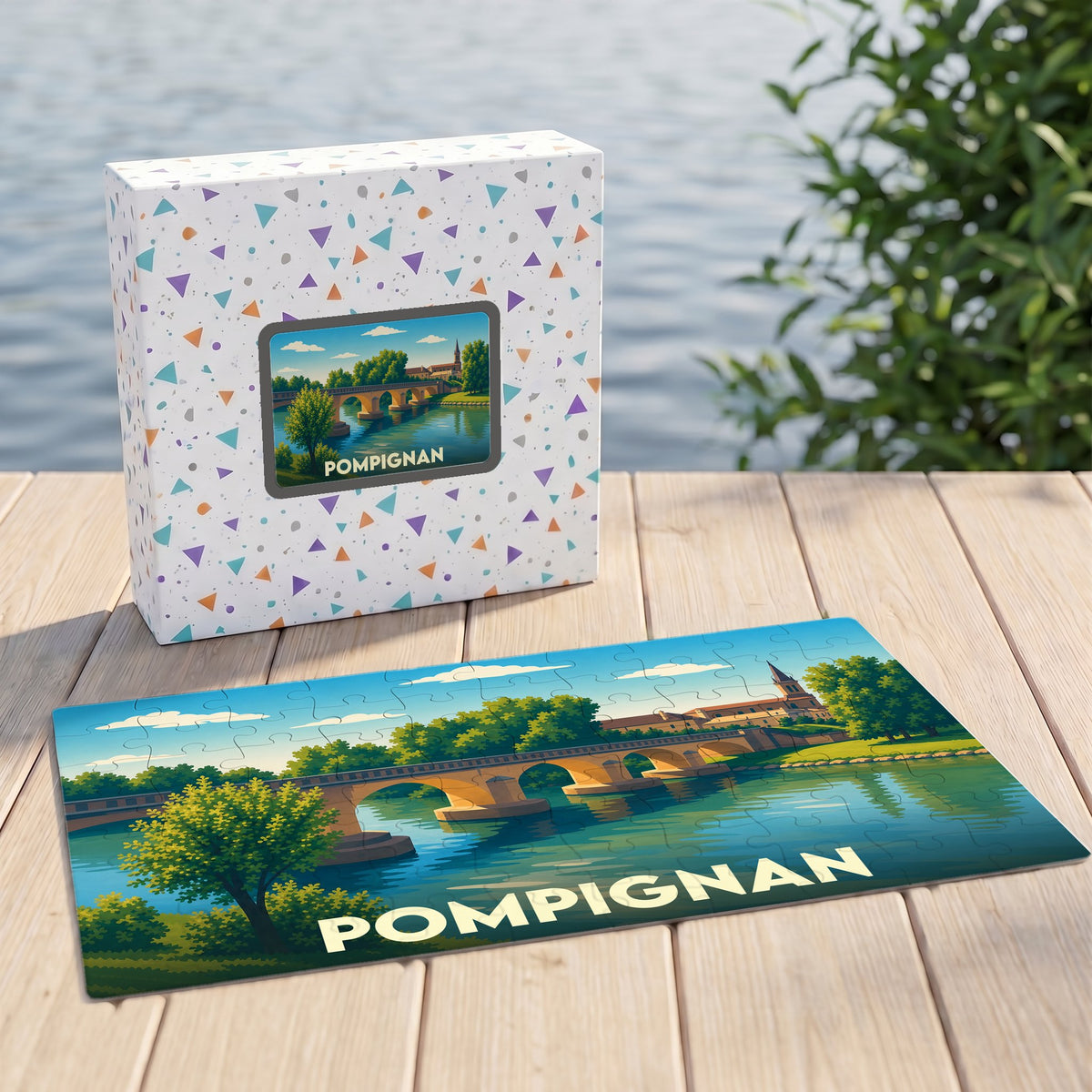 Puzzle souvenir de la ville de Pompignan avec une illustration stylisée d'un pont au bord de l'eau.