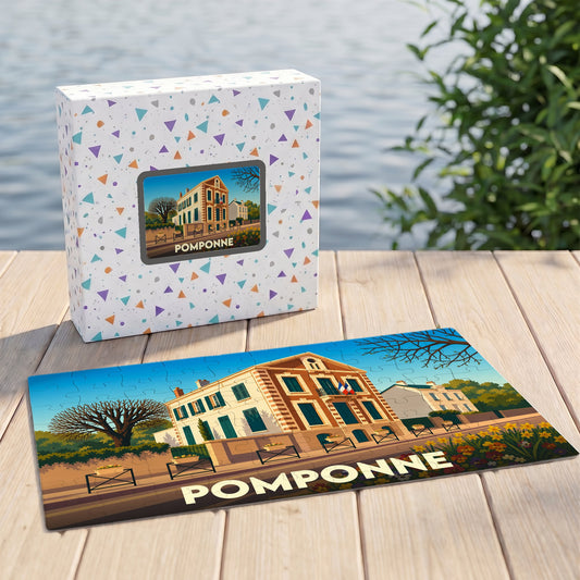 Puzzle souvenir de la ville de Pomponne avec une illustration stylisée et colorée.