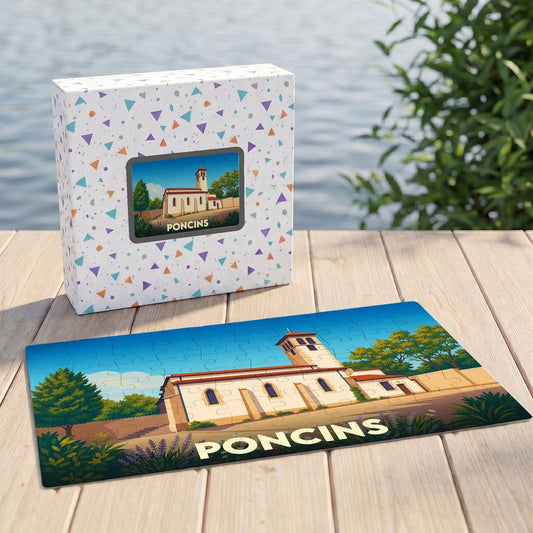 Puzzle souvenir de la ville de Poncins illustré d'un bâtiment historique stylisé.