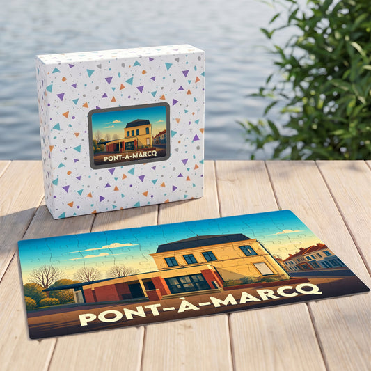Puzzle souvenir de la ville de Pont-à-Marcq accompagné de sa boîte illustrée d'un motif de confettis triangulaires.