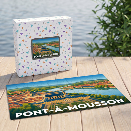 Puzzle souvenir de la ville de Pont-à-Mousson avec une illustration stylisée et colorée.