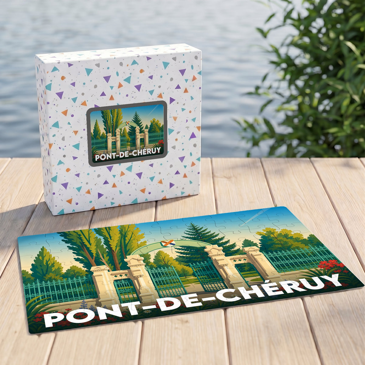 Puzzle souvenir de la ville de Pont-de-Chéruy avec une illustration stylisée de son entrée de parc.