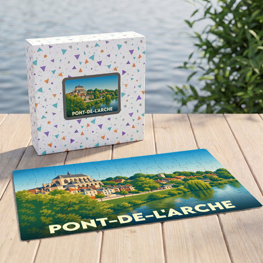 Puzzle souvenir de la ville de Pont-de-l'Arche avec une illustration stylisée et sa boîte assortie.