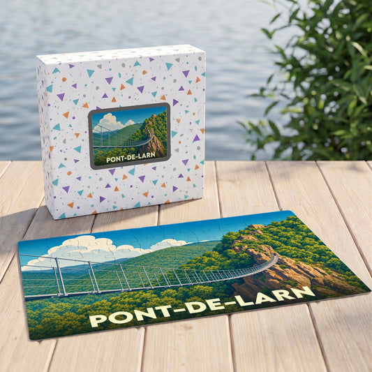 Puzzle souvenir de la ville de Pont-de-Larn avec une illustration stylisée d'une passerelle suspendue.